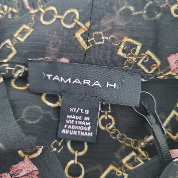 Tamara H. Womens Black Gold Status Chain Pink Bow Blouse Size XL Tie Neck Whimsy - Picture 5 of 12